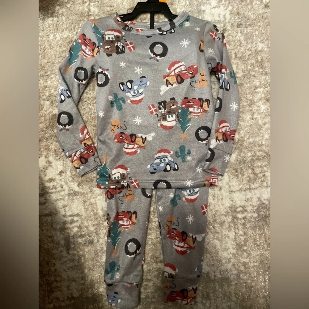 Disney Gray Holiday Cars Long Sleeve Pajama Set with Colorful Cartoon Cars-4T